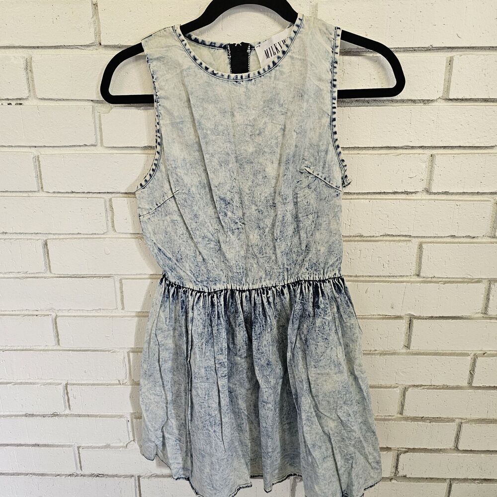 Milky Way Acid Wash Denim 80s Style Baby Doll Mini Tank Dress Large